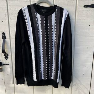 Miko Mens 3D Knit Sweater L Black Textured Geometric Stretch Retro 80s Grandpa
